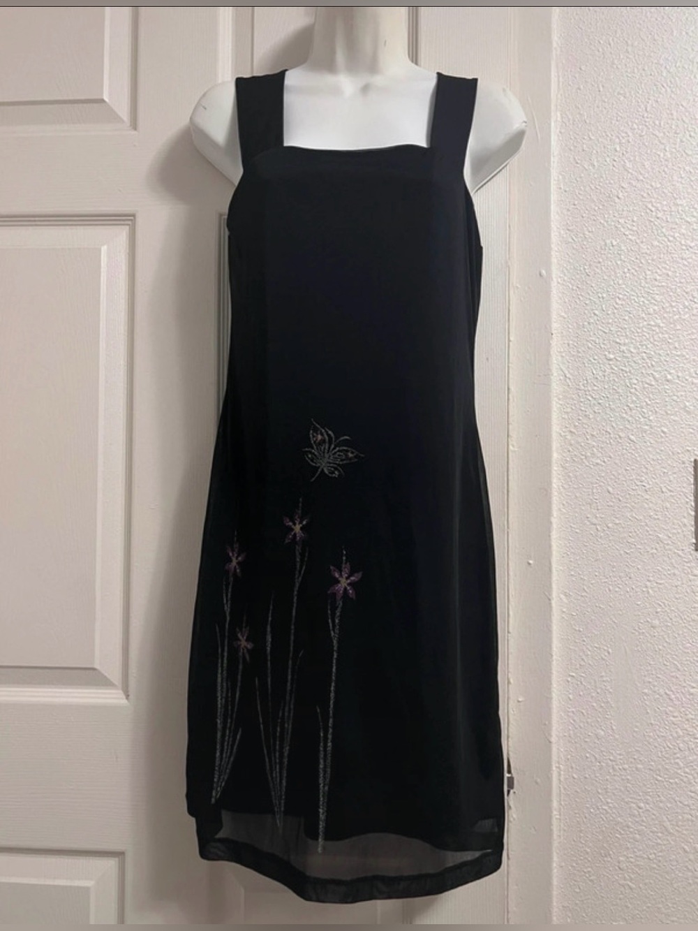 Vintage 90s Monster Girl Black Embroidered Mesh Overlay Dress
- S